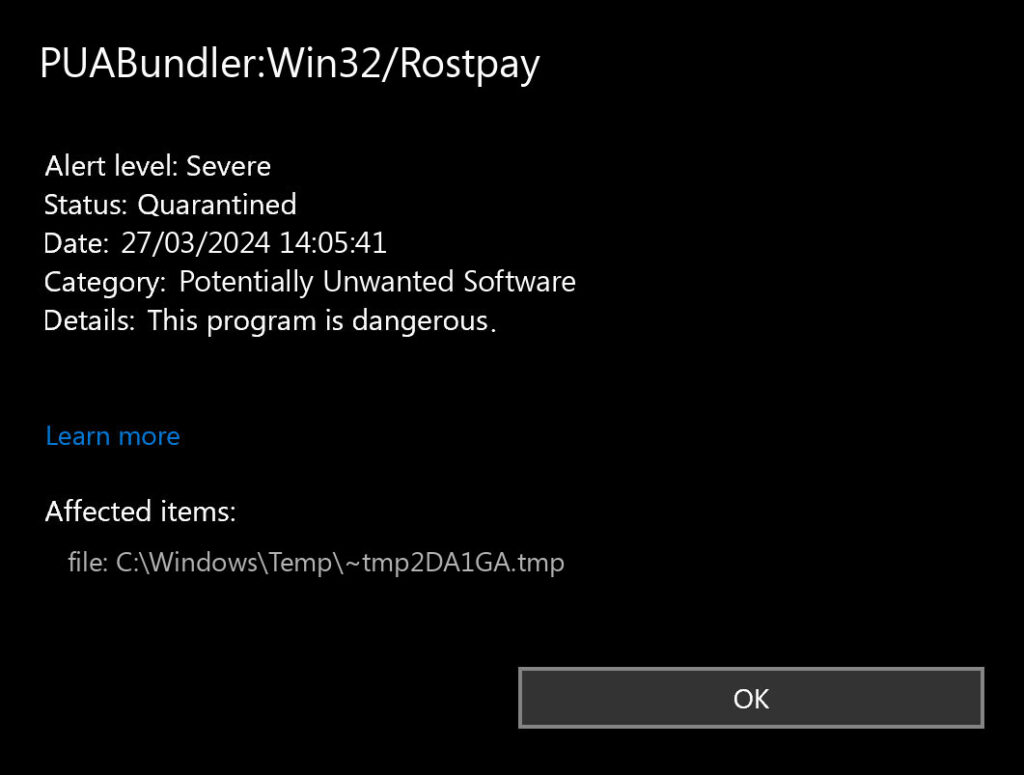 PUABundler:Win32/Rostpay 2 Defender detect PUABundler:Win32/Rostpay