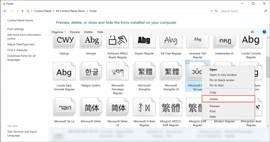 Usermode Font Driver Host: Safe or Malware? 4 Windows Fonts control panel showing installed fonts and a delete option.