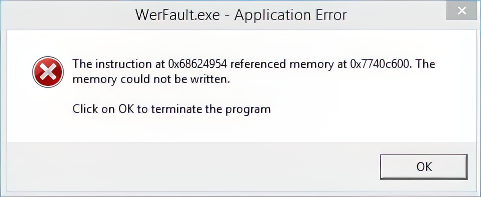 WerFault.exe application error dialog in Windows.