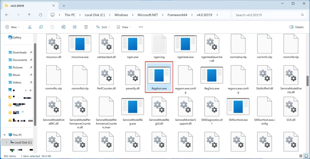 RegAsm.exe in the normal Microsoft .NET Framework64 folder.
