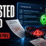 Trusted Trap editorial poster showing fake Robux PDFs on government-looking domains leading to a scam trap.