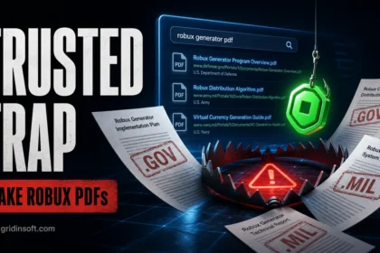 Trusted Trap editorial poster showing fake Robux PDFs on government-looking domains leading to a scam trap.