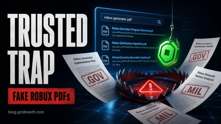 Fake Robux PDFs on .gov and .mil Sites: Scam Warning 1 Trusted Trap editorial poster showing fake Robux PDFs on government-looking domains leading to a scam trap.