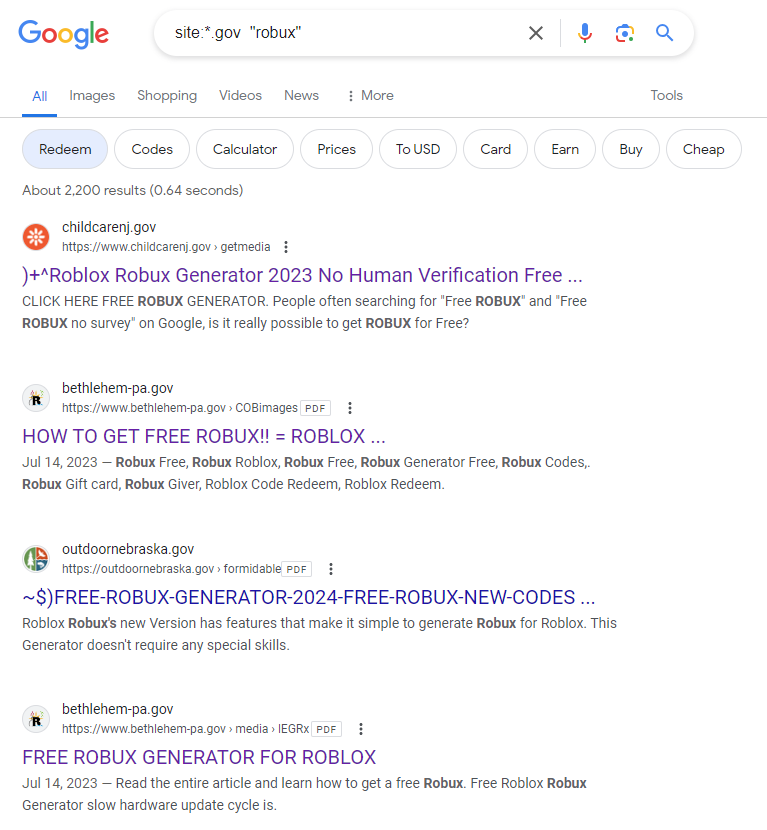 Fake Robux PDFs on .gov and .mil Sites: Scam Warning 2 Fake Robux generator PDF result hosted on a government-looking domain.