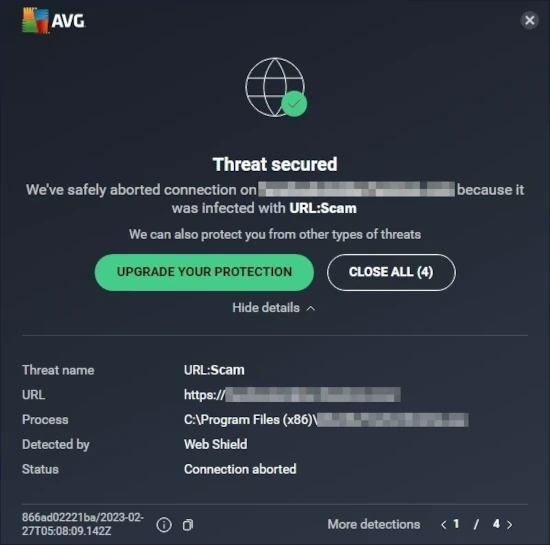 URL:Scam detection alert from Avast showing a blocked website
