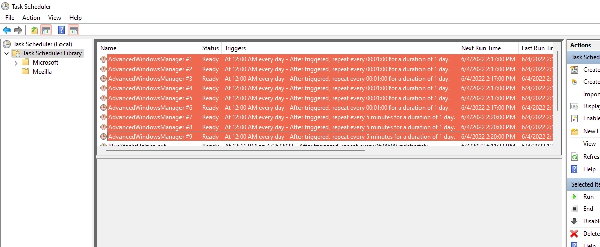Advanced Window Manager tasks in Windows Task Scheduler showing automated execution