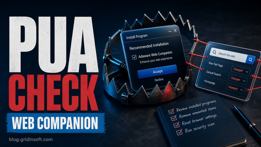 Adaware Web Companion warning with a bundled installer changing browser search and homepage settings.
