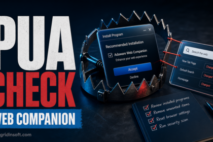 Adaware Web Companion PUA check poster showing a bundled installer trap and changed browser settings.
