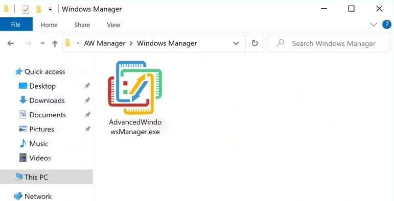 Advanced Window Manager executable file in Windows Explorer showing suspicious properties