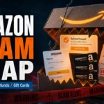 Amazon scam trap poster with fake order, refund, and gift card warnings.