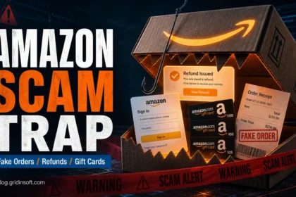 Amazon scam trap poster with fake order, refund, and gift card warnings.
