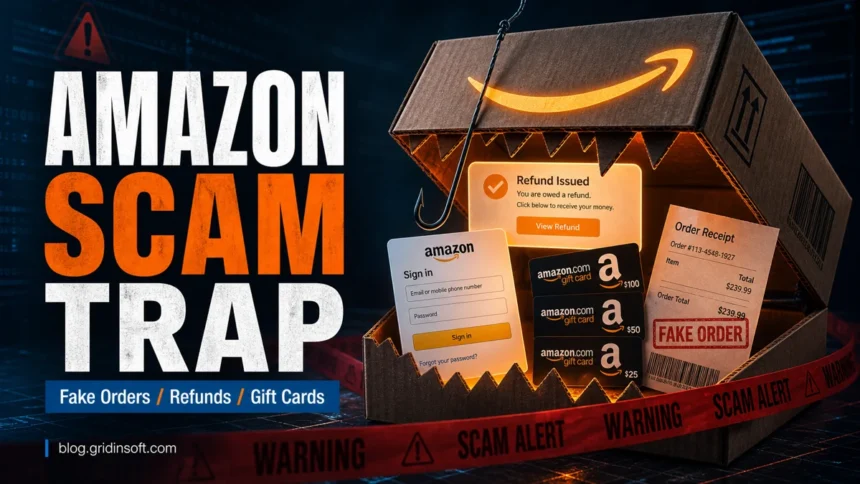Amazon scam trap poster with fake order, refund, and gift card warnings.