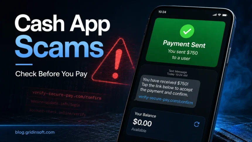 Cash App scam warning with fake payment notification and phishing text message.