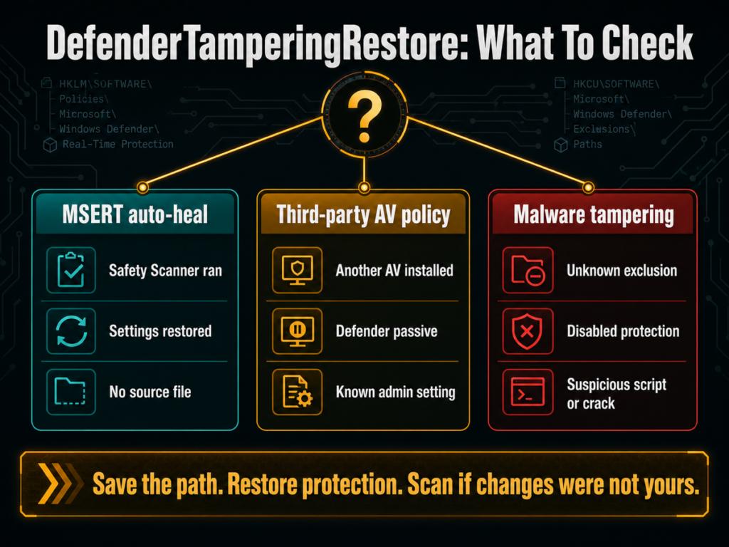 VirTool:Win32/DefenderTamperingRestore: What It Means and What to Do 2 Decision map for MSERT auto-heal, antivirus policy, or malware tampering after DefenderTamperingRestore