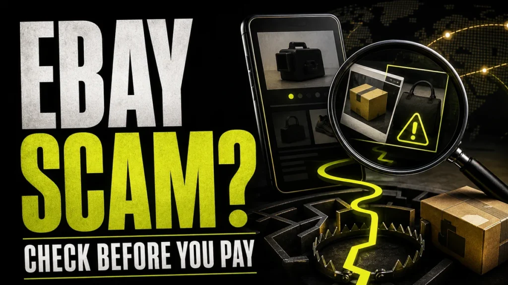 eBay scam warning poster with a fake deal, package trap, and check before you pay message