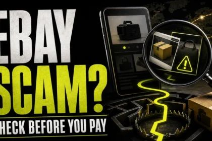 eBay scam warning poster with a fake deal, package trap, and check before you pay message