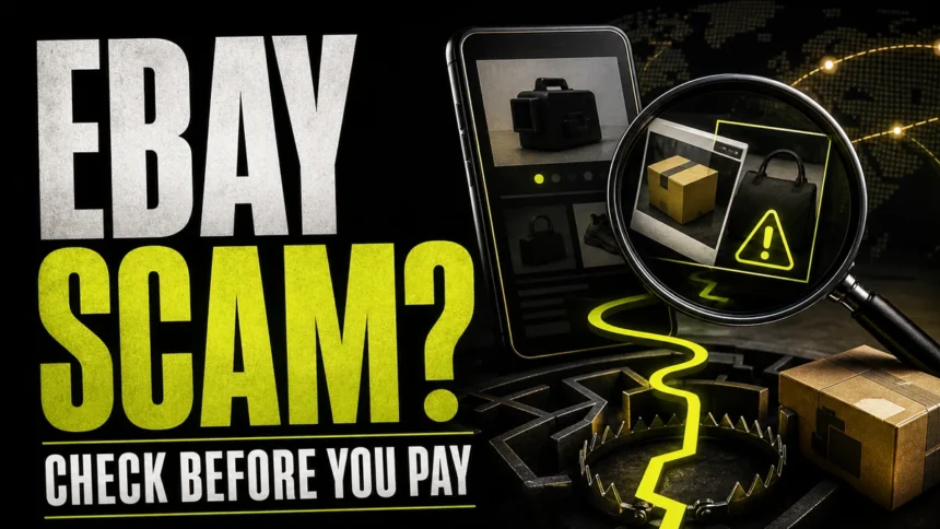 eBay scam warning poster with a fake deal, package trap, and check before you pay message