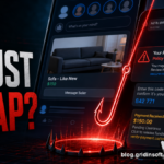 Trust Trap Facebook scams poster showing Marketplace, Messenger, page warning, payment, and login-code lures.