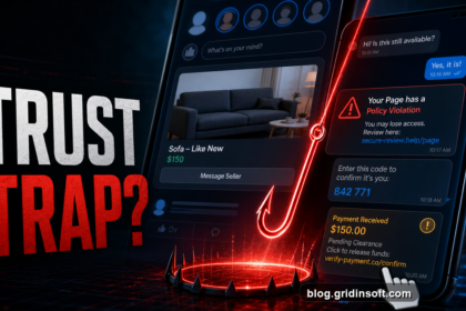 Trust Trap Facebook scams poster showing Marketplace, Messenger, page warning, payment, and login-code lures.