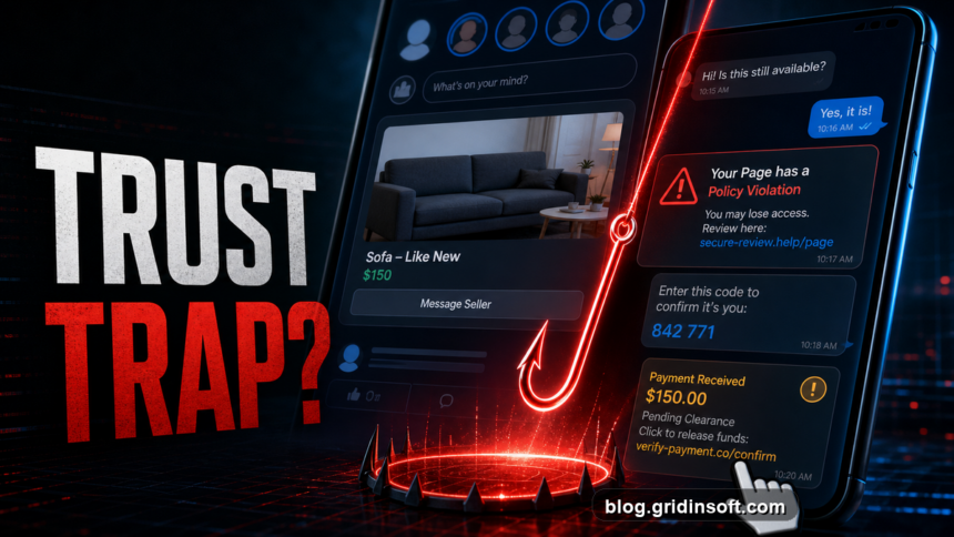Trust Trap Facebook scams poster showing Marketplace, Messenger, page warning, payment, and login-code lures.