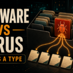 Malware vs virus poster showing a virus as one self-replicating type inside the broader malware category.