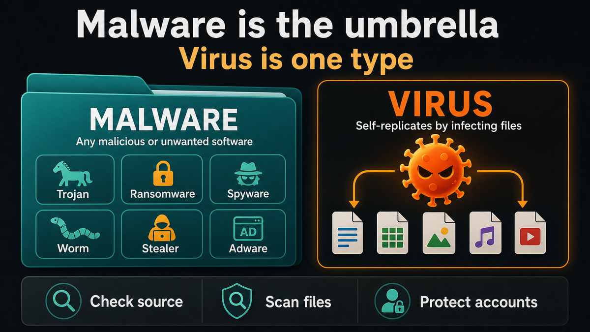 Diagram showing malware as the umbrella category and virus as one self-replicating subtype with response priorities.