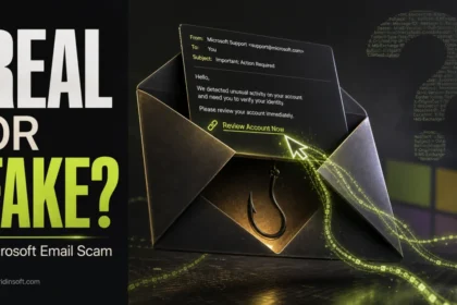 Editorial poster asking Real or Fake for a Microsoft-themed phishing email trap