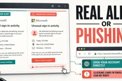 Comparison of a genuine Microsoft sign-in alert and a phishing lookalike