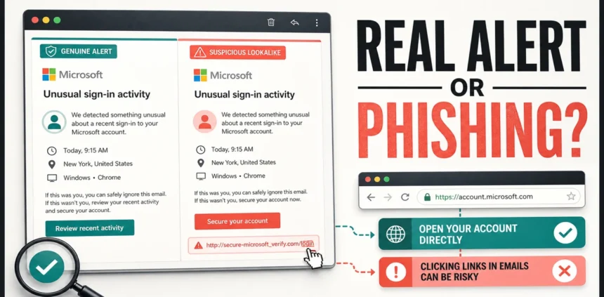 Comparison of a genuine Microsoft sign-in alert and a phishing lookalike
