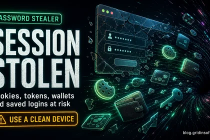 Password stealer malware stealing session cookies, tokens, wallets, and saved logins with blog.gridinsoft.com signature