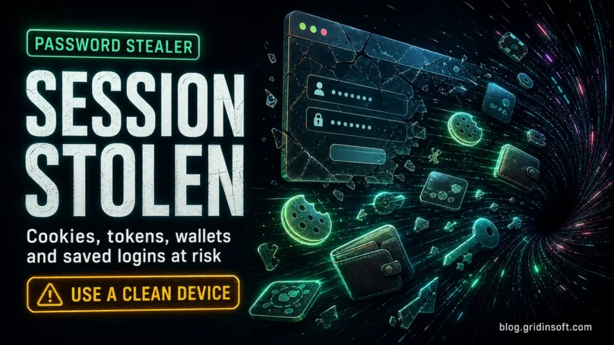 Password stealer malware stealing session cookies, tokens, wallets, and saved logins with blog.gridinsoft.com signature