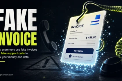 Fake PayPal invoice poster with phone cord hook and fake support call warning