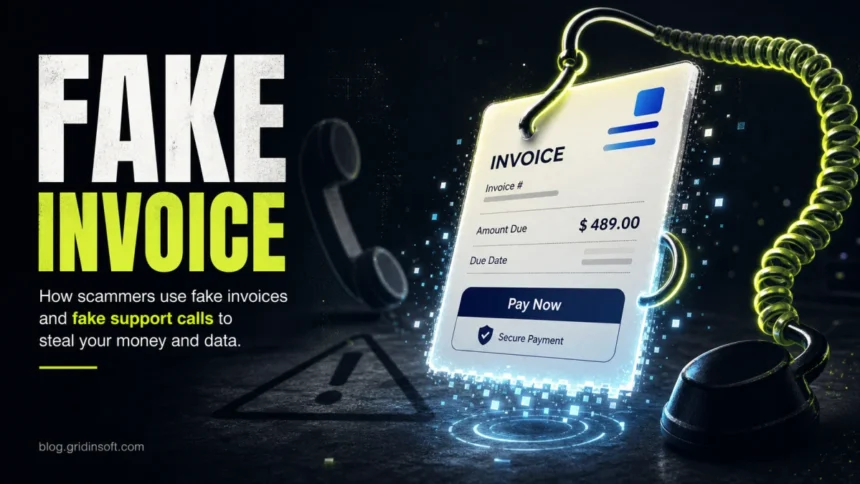 Fake PayPal invoice and support-call scam warning with a payment request and phone hook.