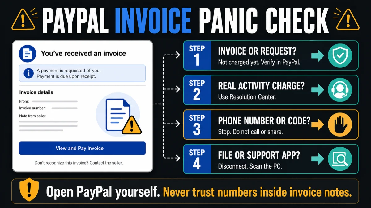 PayPal invoice scam decision flow for invoice requests, real charges, fake support numbers, and suspicious support app downloads.