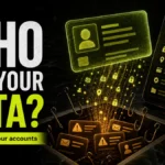 Personal data being pulled into a scam trap from a phone and digital ID card.