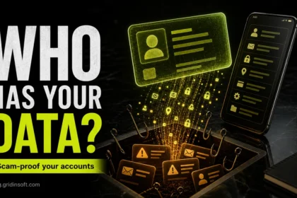 Personal data being pulled into a scam trap from a phone and digital ID card.