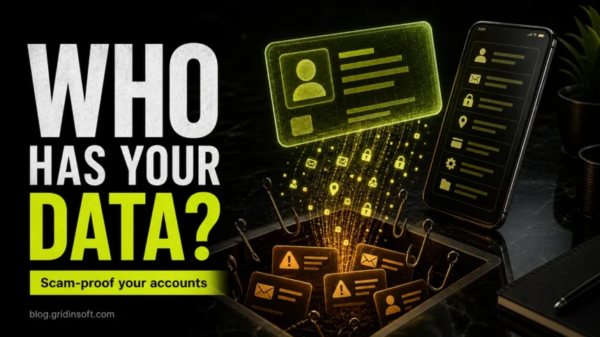 Personal data being pulled into a scam trap from a phone and digital ID card.