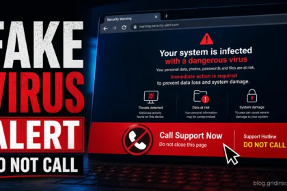 Fake virus alert warning with do not call message for tech support scam