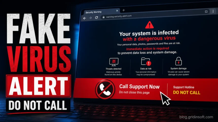 Fake virus alert warning with do not call message for tech support scam