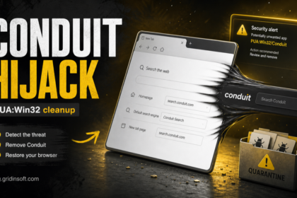 PUA:Win32/Conduit browser hijack cleanup warning with browser search settings and quarantine.