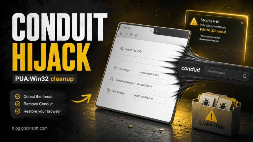 PUA:Win32/Conduit browser hijack cleanup warning with browser search settings and quarantine.