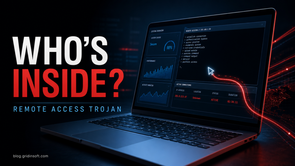 Laptop showing a remote access trojan silently controlled by an outside attacker.