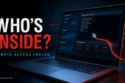 Remote access trojan warning showing a laptop being silently controlled from outside.