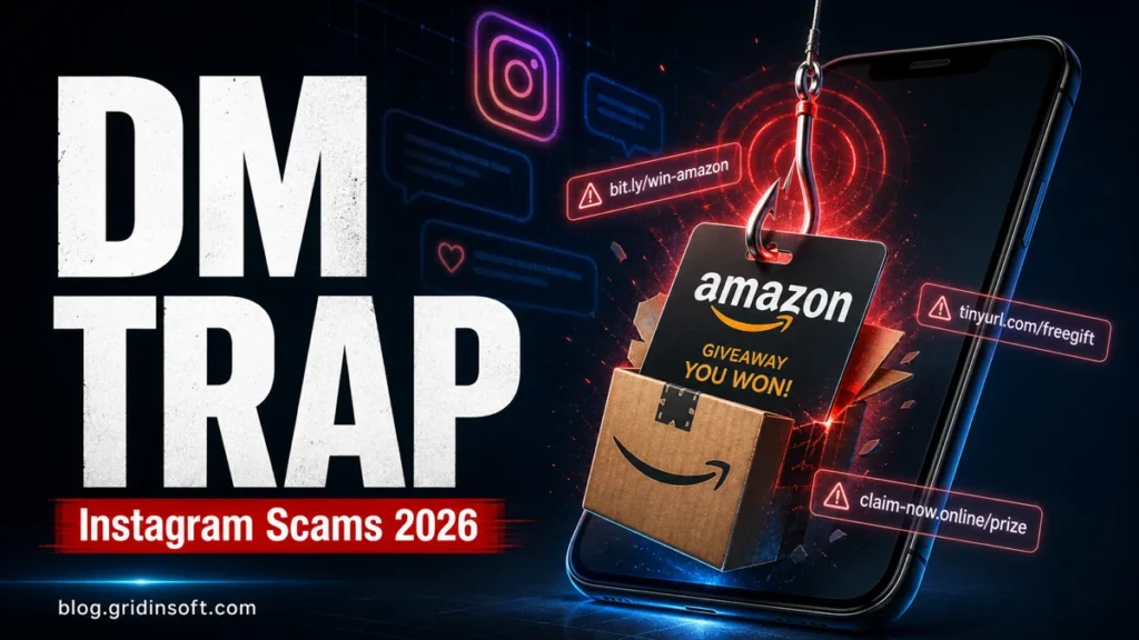 Instagram scam DM trap showing a fake giveaway message with phishing and payment-warning cues.