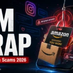 Instagram DM trap poster showing a fake Amazon giveaway hook for Instagram scams in 2026