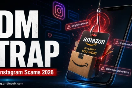 Instagram DM trap poster showing a fake Amazon giveaway hook for Instagram scams in 2026