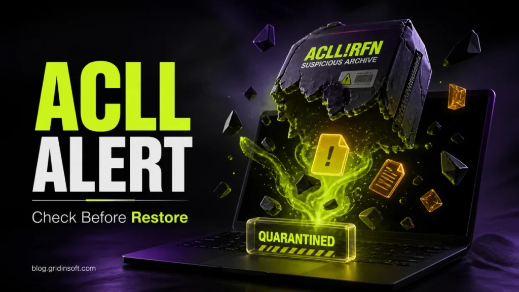 ACLL Alert poster showing a quarantined suspicious archive before restore