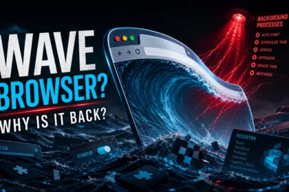 Wave Browser removal guide poster showing startup and background processes.