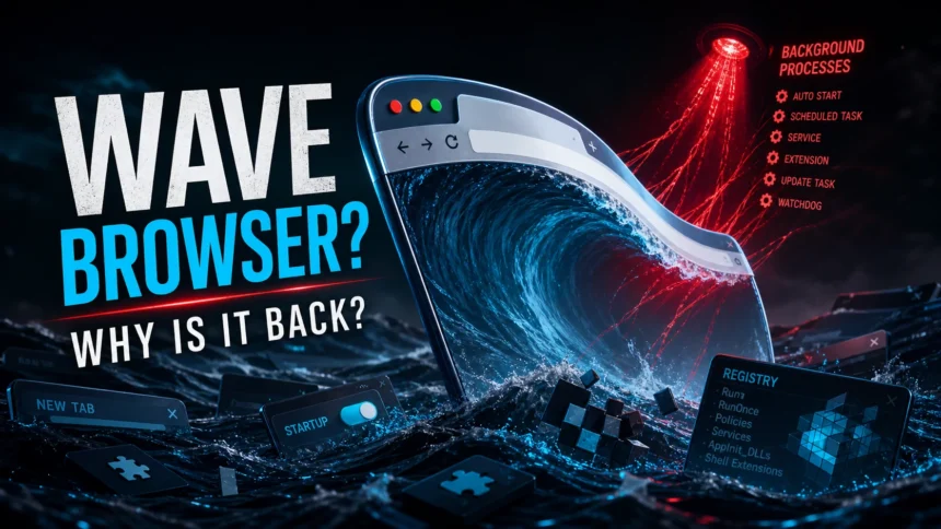 Wave Browser removal guide poster showing startup and background processes.
