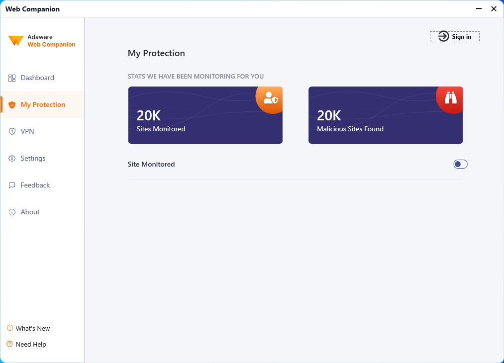 Web Companion interface showing large monitored-site counters